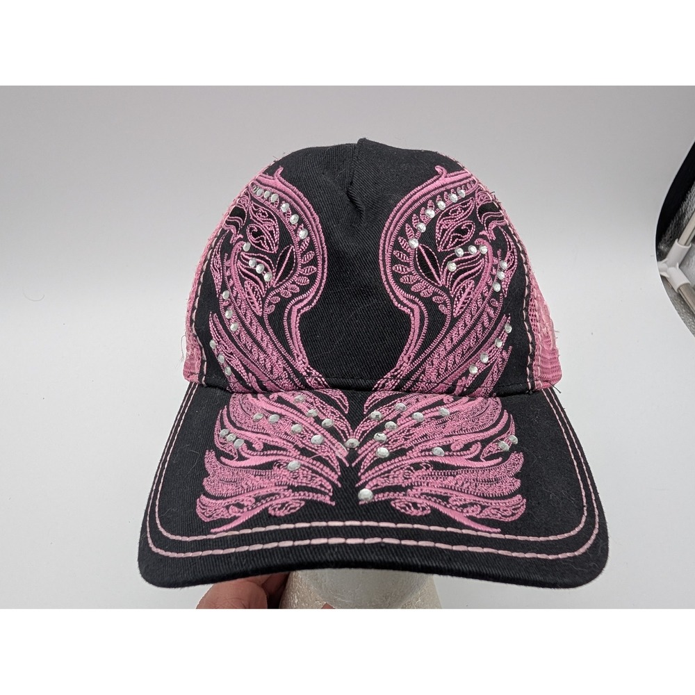 Harley Davidson Womens Pink Black Rhinestone Wing Trucker Hat Mesh Snapback Cap